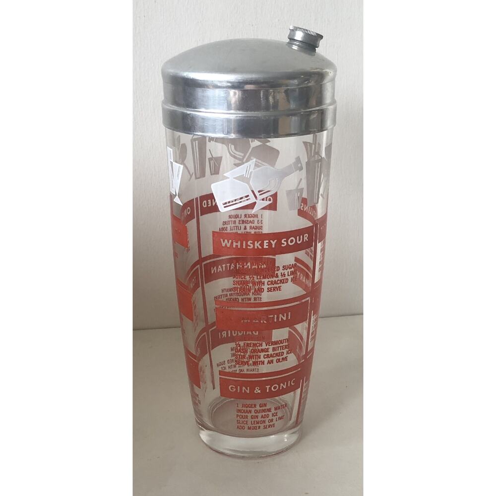 Vintage MCM Glass Cocktail Shaker Barware Recipes Martini Manhattan Party Drinks